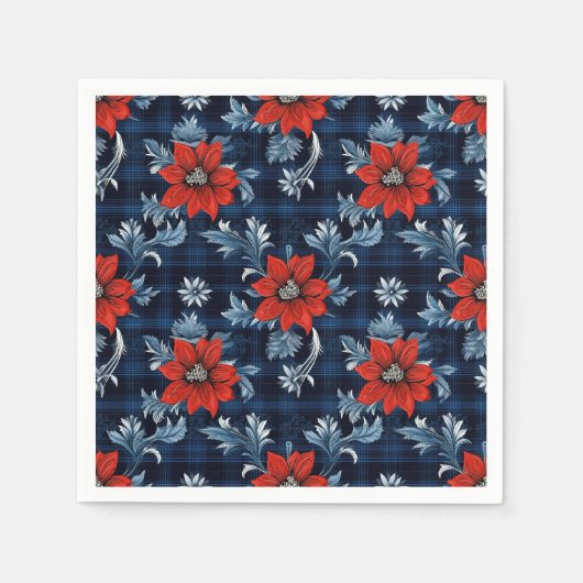 Royal Blue Kariert Red Floral Serviette (Vorderseite)