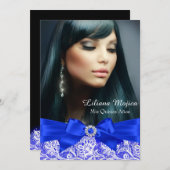 Royal Blue Lace & Jewel Bow Quinceanera Einladung (Vorne/Hinten)
