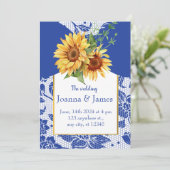 Royal Blue Lace Sunflower Wedding Einladung (Stehend Vorderseite)