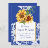 Royal Blue Lace Sunflower Wedding Einladung (Vorne/Hinten)