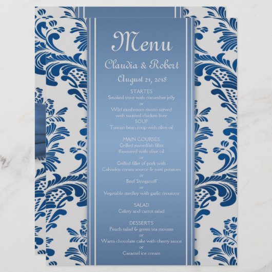 Royal blue leafy damask Wedding Menu Flyer (Vorne/Hinten)