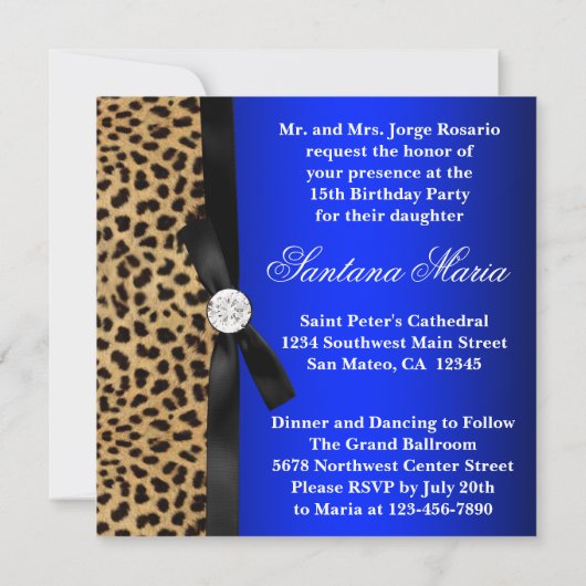 Royal Blue Leopard Quinceanera Einladungen (Rückseite)