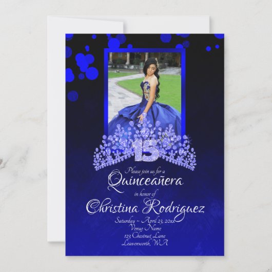 Royal Blue, Light Blue Tiara Rhineston Quinceanera Einladung (Vorderseite)