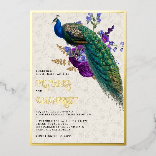 Royal Blue Lila Floral Indian Peacock Wedding Folieneinladung (Vorderseite)