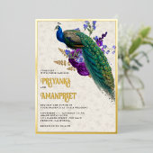 Royal Blue Lila Floral Indian Peacock Wedding Folieneinladung (Stehend vorne)