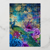 Royal Blue Lila Floral Indian Peacock Wedding Folieneinladung (Rückseite)