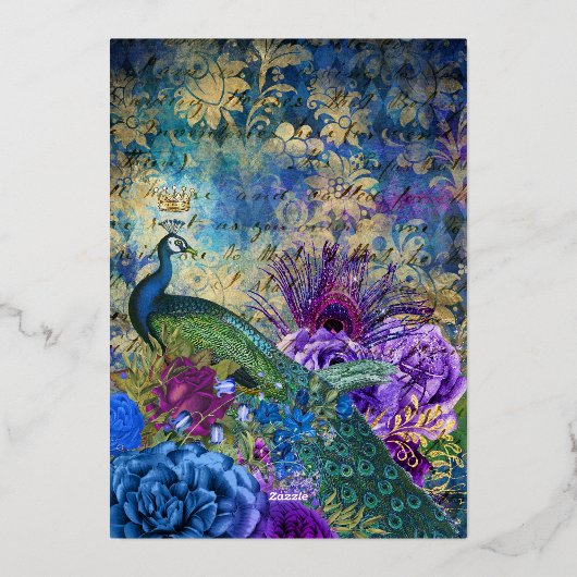 Royal Blue Lila Floral Indian Peacock Wedding Folieneinladung (Rückseite)