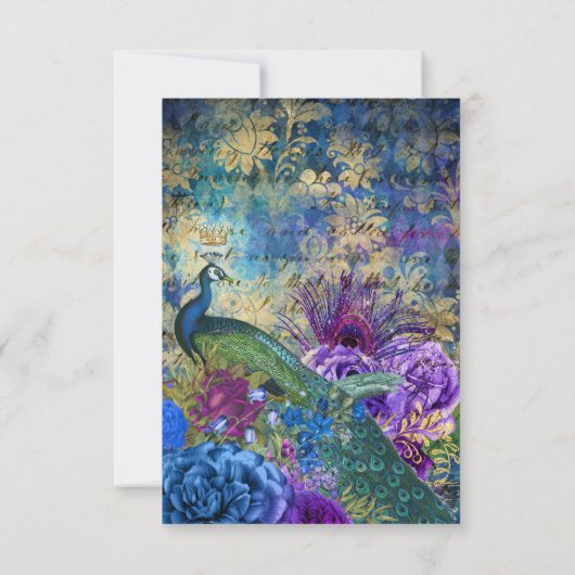 Royal Blue Lila Floral Indian Peacock Wedding RSVP Karte (Rückseite)