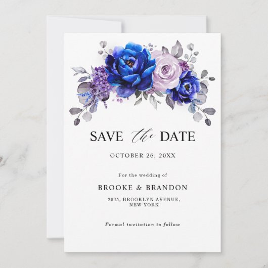Royal Blue Lilac Lila Floral Save the Date (Vorderseite)