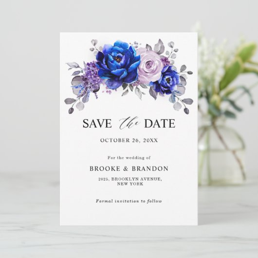 Royal Blue Lilac Lila Floral Save the Date (Stehend Vorderseite)