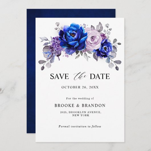 Royal Blue Lilac Lila Floral Save the Date (Vorne/Hinten)