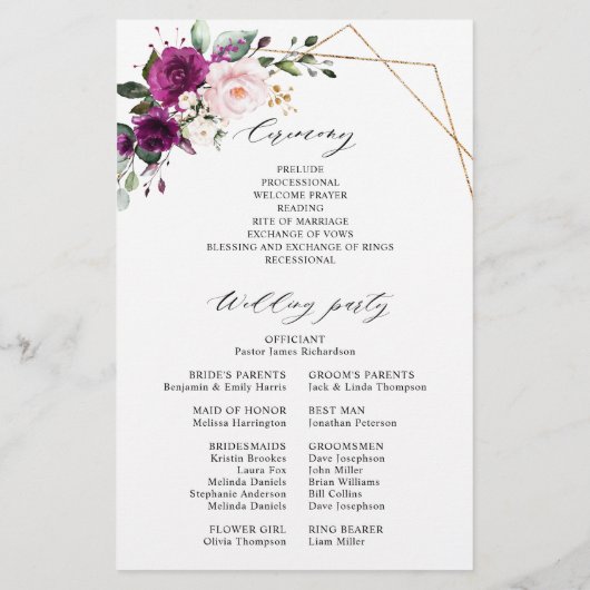 Royal Blue Lilac Lila Floral Wedding Program (Rückseite)