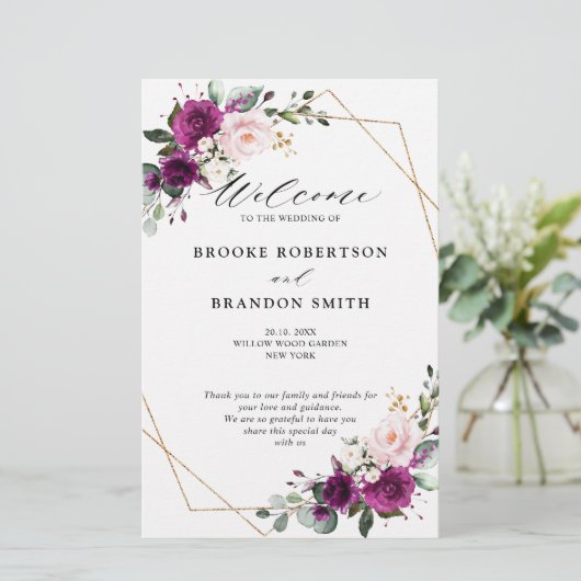 Royal Blue Lilac Lila Floral Wedding Program (Stehend Vorderseite)