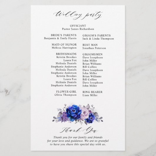 Royal Blue Lilac Lila Floral Wedding Program (Rückseite)