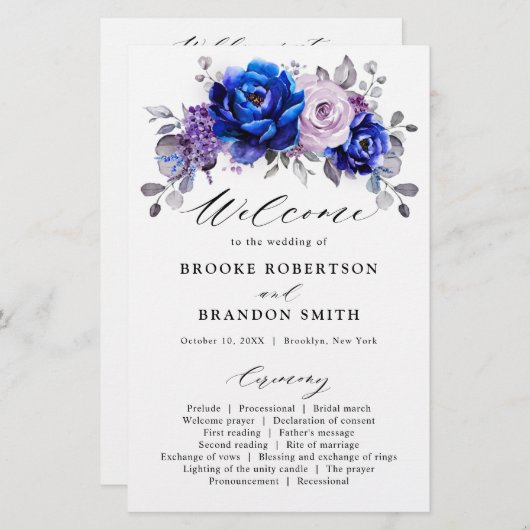 Royal Blue Lilac Lila Floral Wedding Program (Vorne/Hinten)