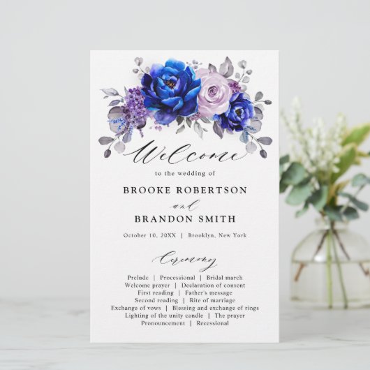 Royal Blue Lilac Lila Floral Wedding Program (Stehend Vorderseite)