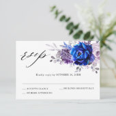 Royal Blue Lilac Lila Floral Wedding RSVP Card (Stehend Vorderseite)
