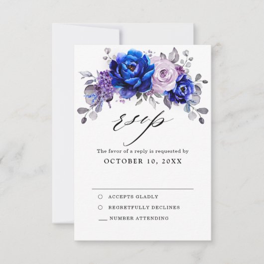 Royal Blue Lilac Lila Floral Wedding RSVP Card (Vorderseite)