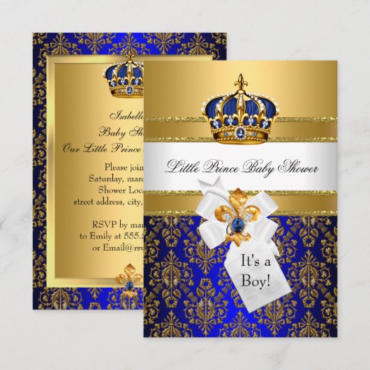 Royal Blue Little Prince Crown Babydusche laden ei Einladung (Vorne/Hinten)