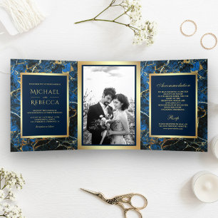 Royal Blue Marble Imitate Gold Foil Foto Hochzeit Dreifach Gefaltete Einladung