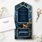 Royal Blue Marble Imitate Gold Foil Wedding All In One Einladung