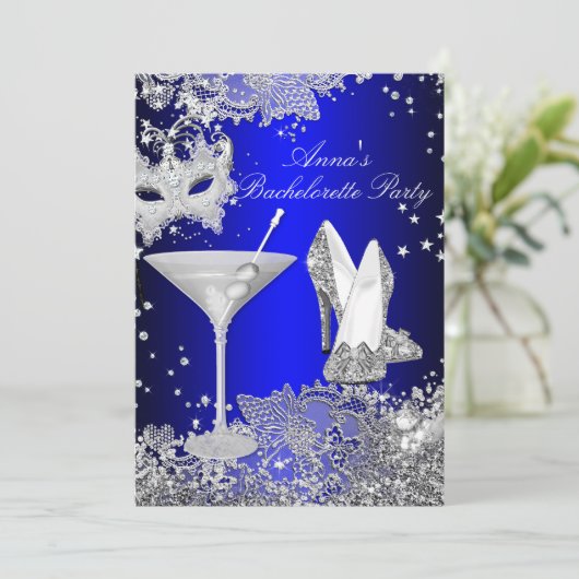 Royal Blue Mask & Jewel Lace Junggeselinnen-Abschi Einladung (Stehend Vorderseite)