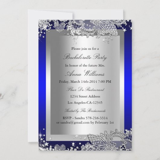Royal Blue Mask & Jewel Lace Junggeselinnen-Abschi Einladung (Rückseite)