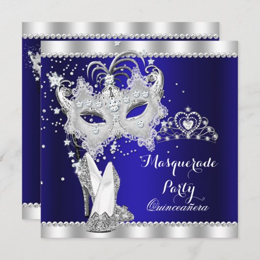 Royal Blue Masquerade Quinceanera Mask Hi Heelse Einladung (Vorne/Hinten)