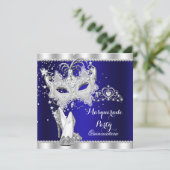 Royal Blue Masquerade Quinceanera Mask Hi Heelse Einladung (Stehend Vorderseite)