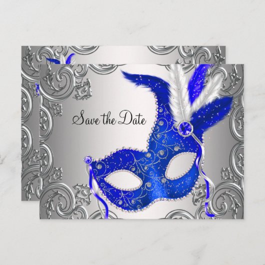 Royal Blue Masquerade Save the Date Ankündigungspostkarte (Vorne/Hinten)