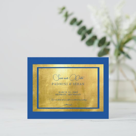 Royal Blue & Metallic Gold Regal Rette unser Datum Postkarte (Stehend Vorderseite)