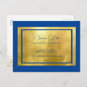 Royal Blue & Metallic Gold Regal Rette unser Datum Postkarte (Vorne/Hinten)