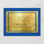 Royal Blue & Metallic Gold Regal Rette unser Datum Postkarte (Vorderseite)