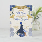 Royal Blue Mis Quince 15 Anos Gold Crown Einladung (Stehend Vorderseite)