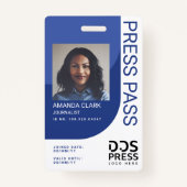 Royal Blue Modern & Minimal Press Pass Foto ID Ausweis (Vorderseite)