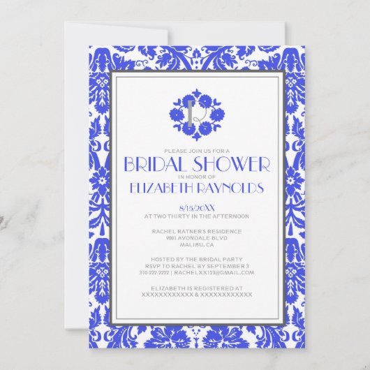 Royal Blue Monogram Damask Brautparty Einladung (Vorderseite)