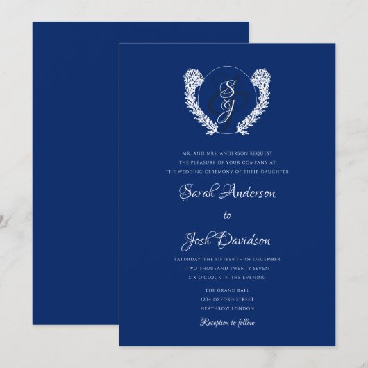 Royal Blue Monogram Elegant Wedding Einladung (Vorne/Hinten)