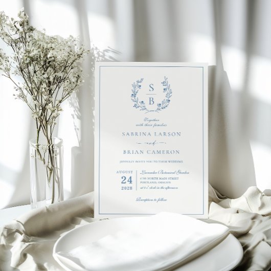 Royal Blue Monogram Wreath QR Code Wedding Einladung