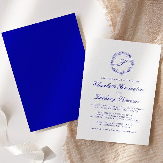 Royal Blue Monogram Wreath Script Wedding Einladung