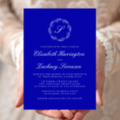 Royal Blue Monogram Wreath White Script Wedding Einladung