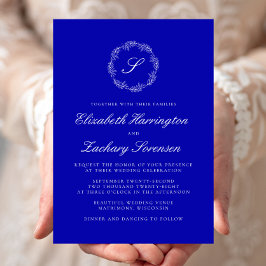 Royal Blue Monogram Wreath White Script Wedding Einladung
