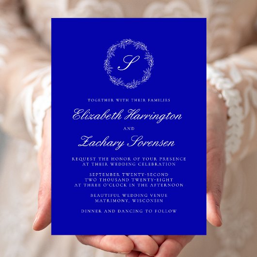 Royal Blue Monogram Wreath White Script Wedding Einladung