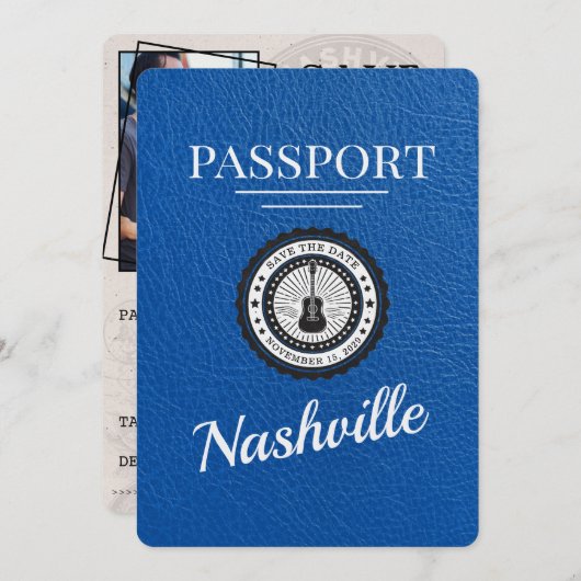 Royal Blue Nashville Passport Save the Date (Vorne/Hinten)