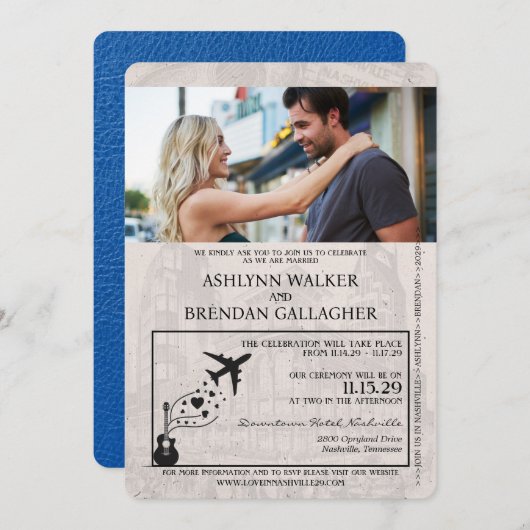 Royal Blue Nashville Passport Wedding Einladung (Vorne/Hinten)