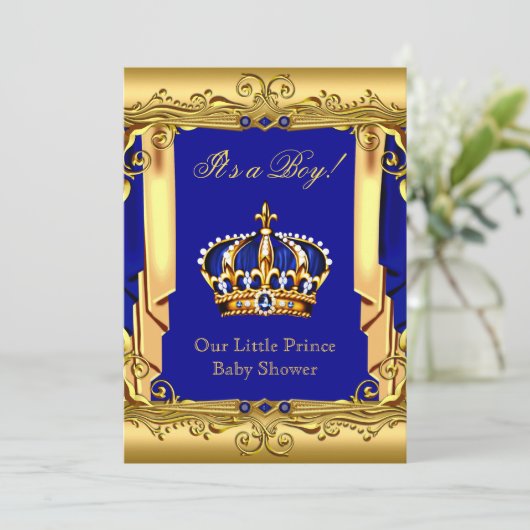 Royal Blue Navy Gold Crown Baby Dusche Einladung (Stehend Vorderseite)