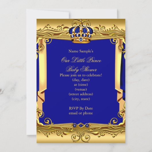 Royal Blue Navy Gold Crown Baby Dusche Einladung (Rückseite)