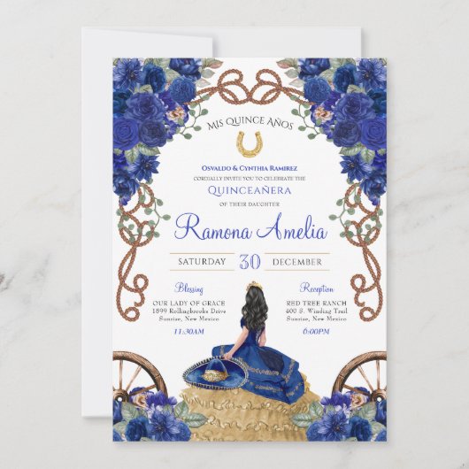 Royal Blue Navy Rose Charra Western Quinceañera Einladung (Vorderseite)
