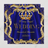 Royal Blue Navy Wedding Gold Crown Einladung (Vorne/Hinten)