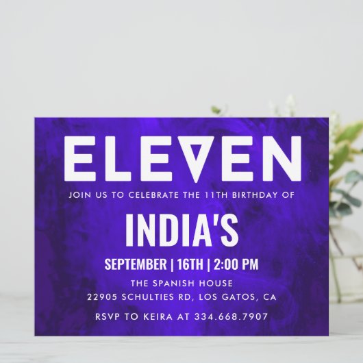 Royal Blue Neon 11. Geburtstag Einladung (Stehend Vorderseite)