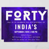 Royal Blue Neon 40. Geburtstag Einladung (Vorne/Hinten)